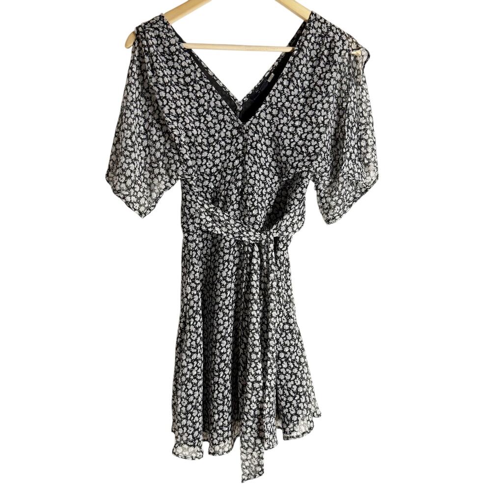 All Saints Ivy Gray Scatter Floral Print Belted Tie Waist A-Line Mini Dress Sz 2 - Picture 5 of 16